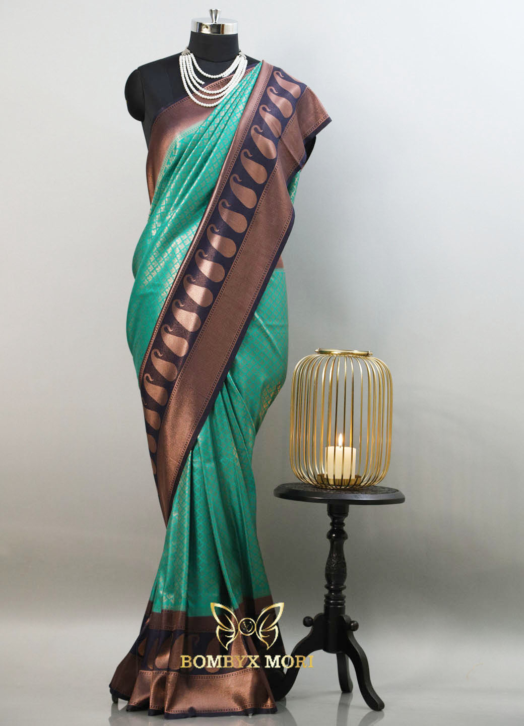 Sea green and midnight blue kanjeevaram brocade silk saree