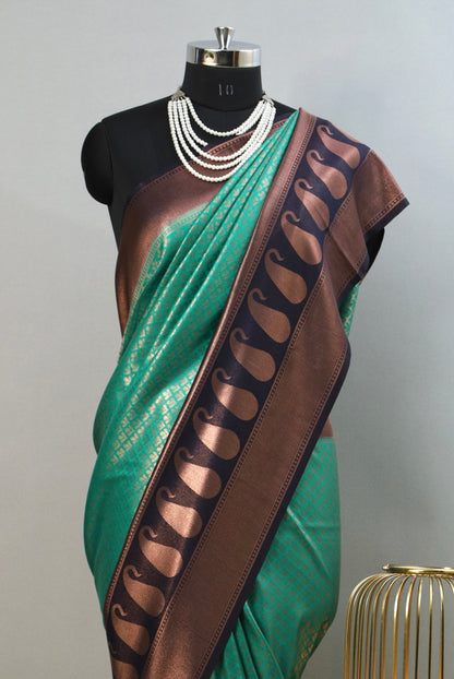 Sea green and midnight blue kanjeevaram brocade silk saree