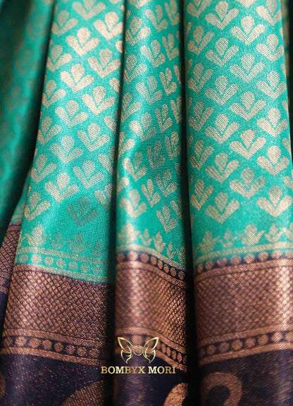 Sea green and midnight blue kanjeevaram brocade silk saree