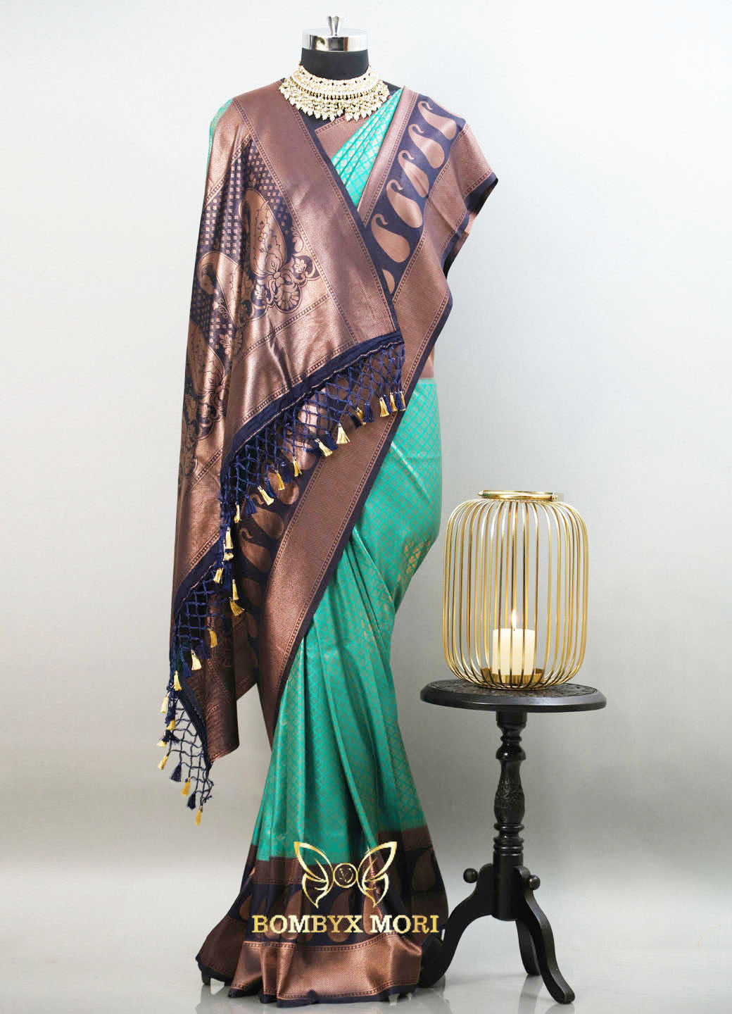 Sea green and midnight blue kanjeevaram brocade silk saree