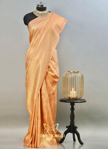 Peach golden kanjeevaram brocade silk saree