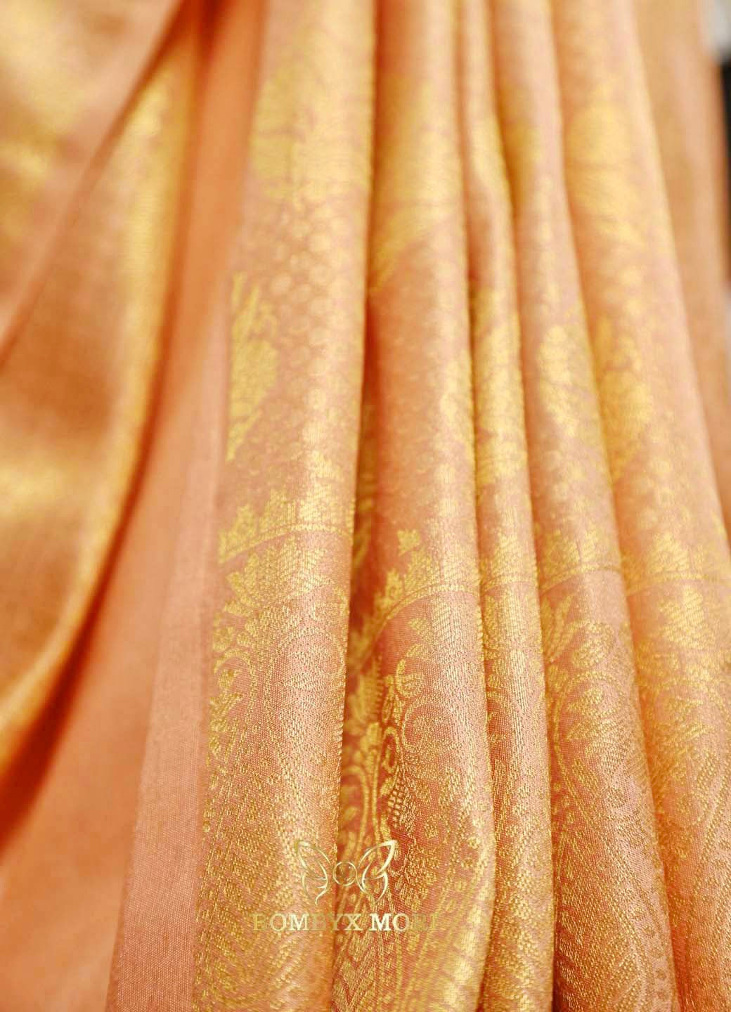 Peach golden kanjeevaram brocade silk saree