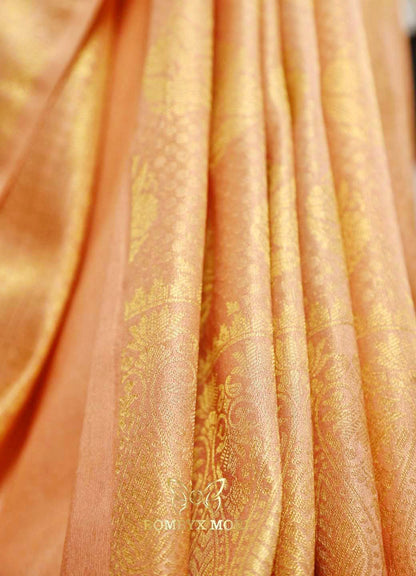 Peach golden kanjeevaram brocade silk saree