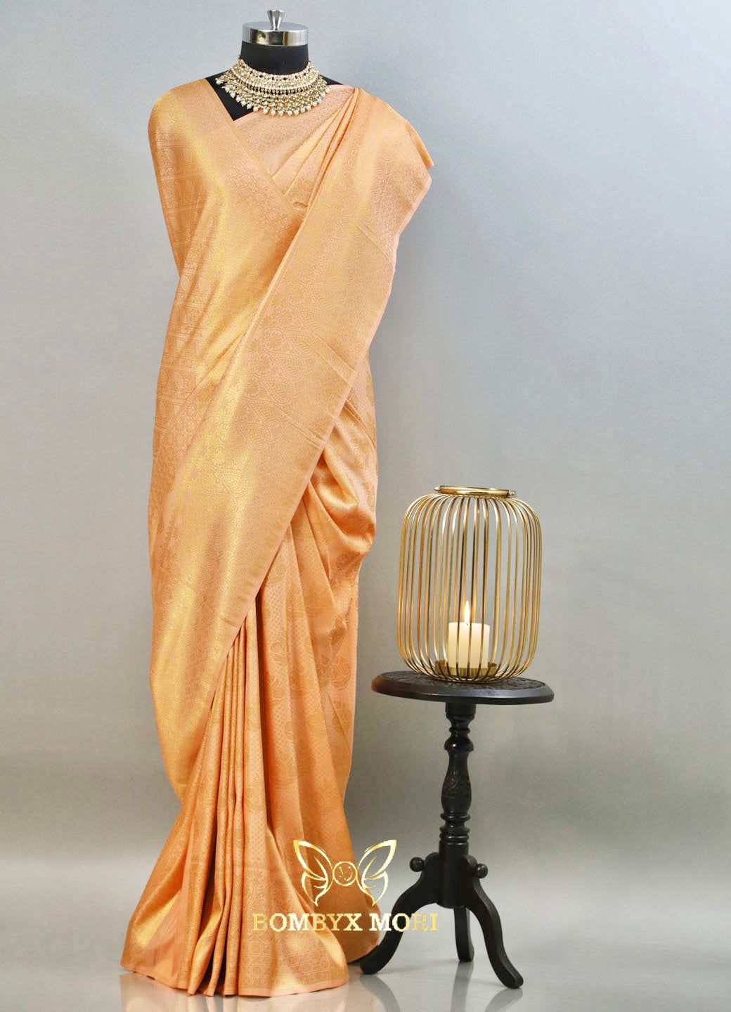 Peach golden kanjeevaram brocade silk saree