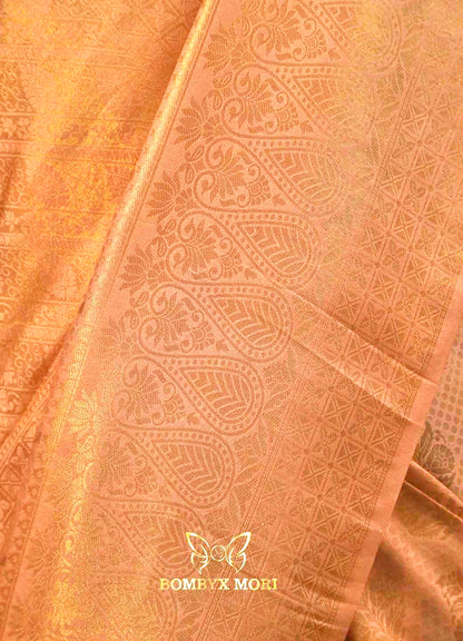 Peach golden kanjeevaram brocade silk saree