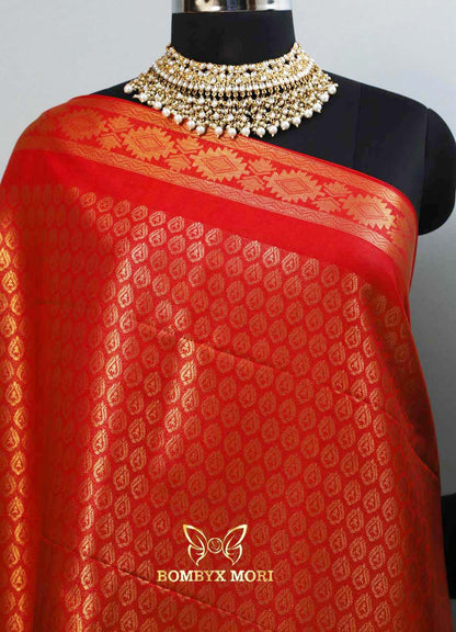 Golden red kanjivaram brocade silk