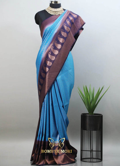 Dual tone blue kanjeevaram brocade silk saree