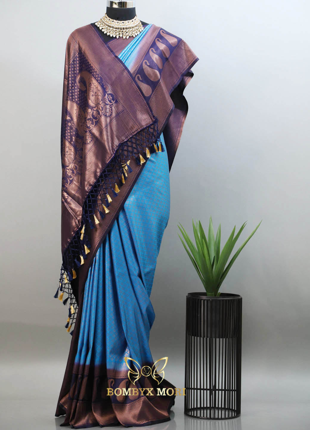 Dual tone blue kanjeevaram brocade silk saree