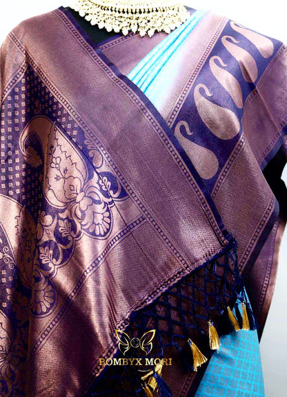 Dual tone blue kanjeevaram brocade silk saree