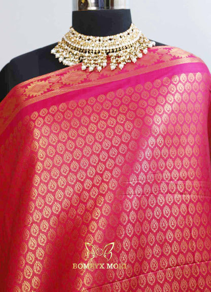 Lime green and raspberry pink Kanjivaram brocade silk