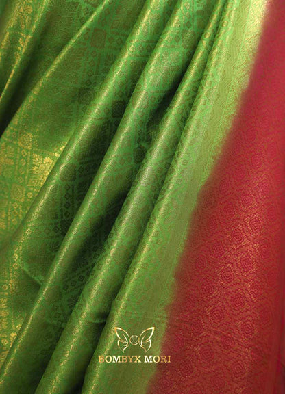 Lime green and raspberry pink Kanjivaram brocade silk