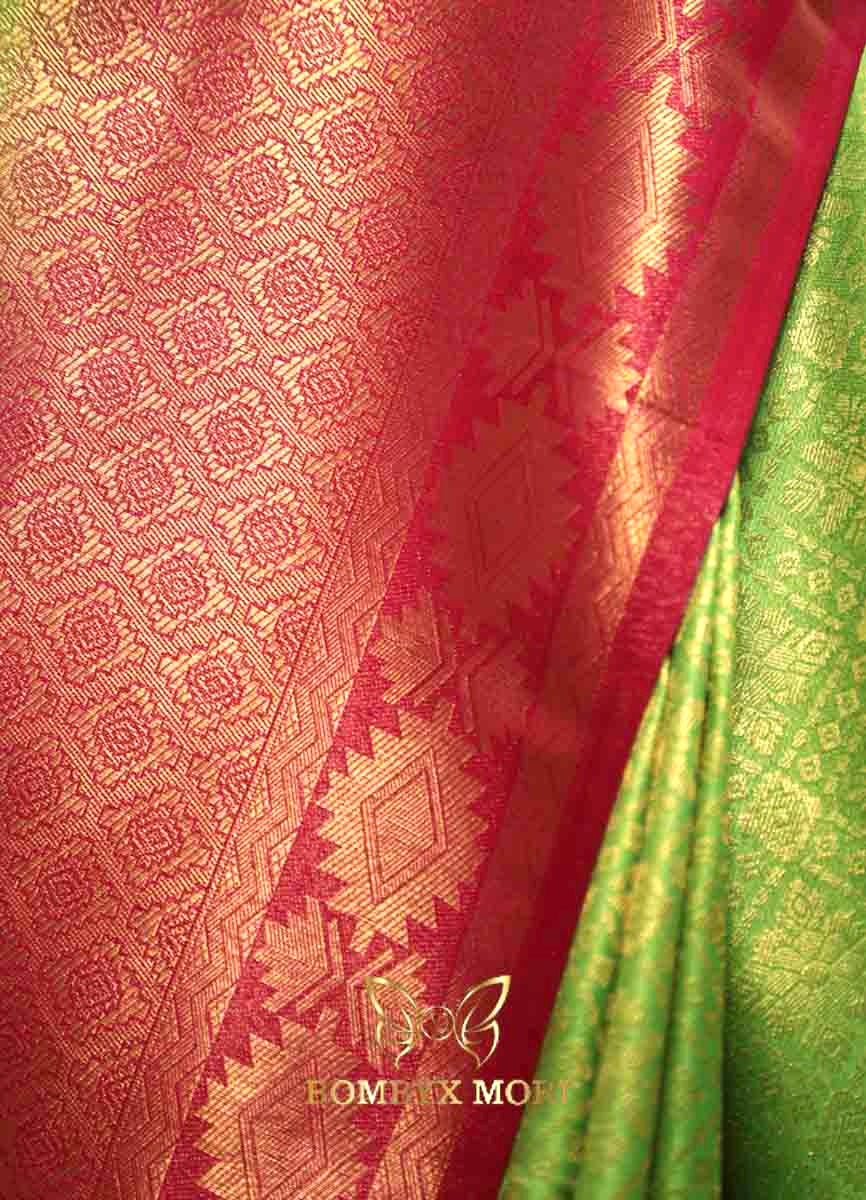 Lime green and raspberry pink Kanjivaram brocade silk