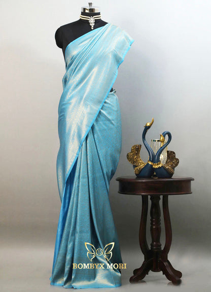 Olympic blue kanjeevaram brocade silk saree