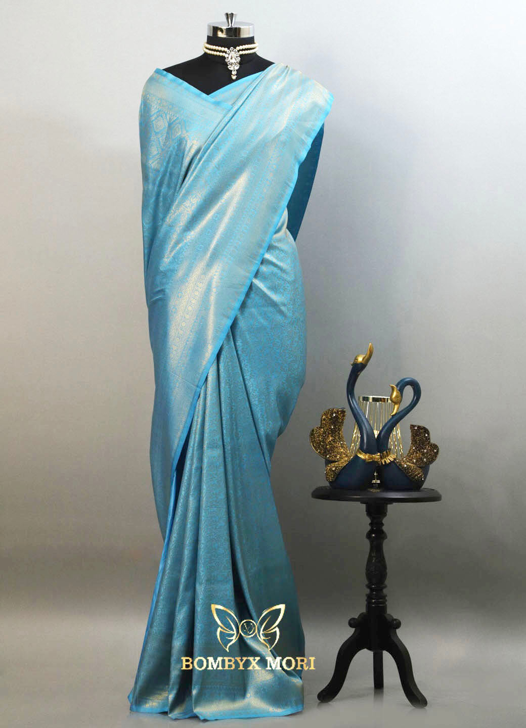 Olympic blue kanjeevaram brocade silk saree