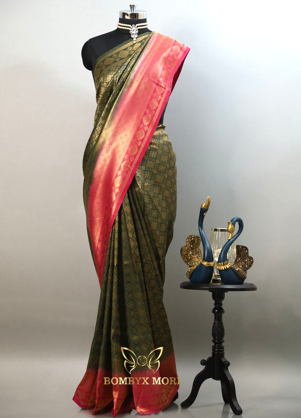 Green pink kanjivaram brocade silk saree