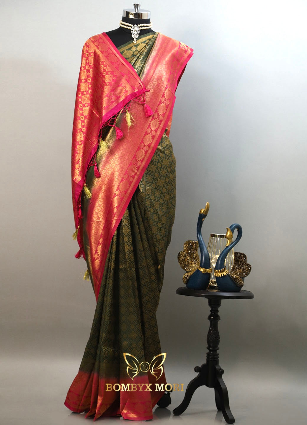 Green pink kanjivaram brocade silk saree