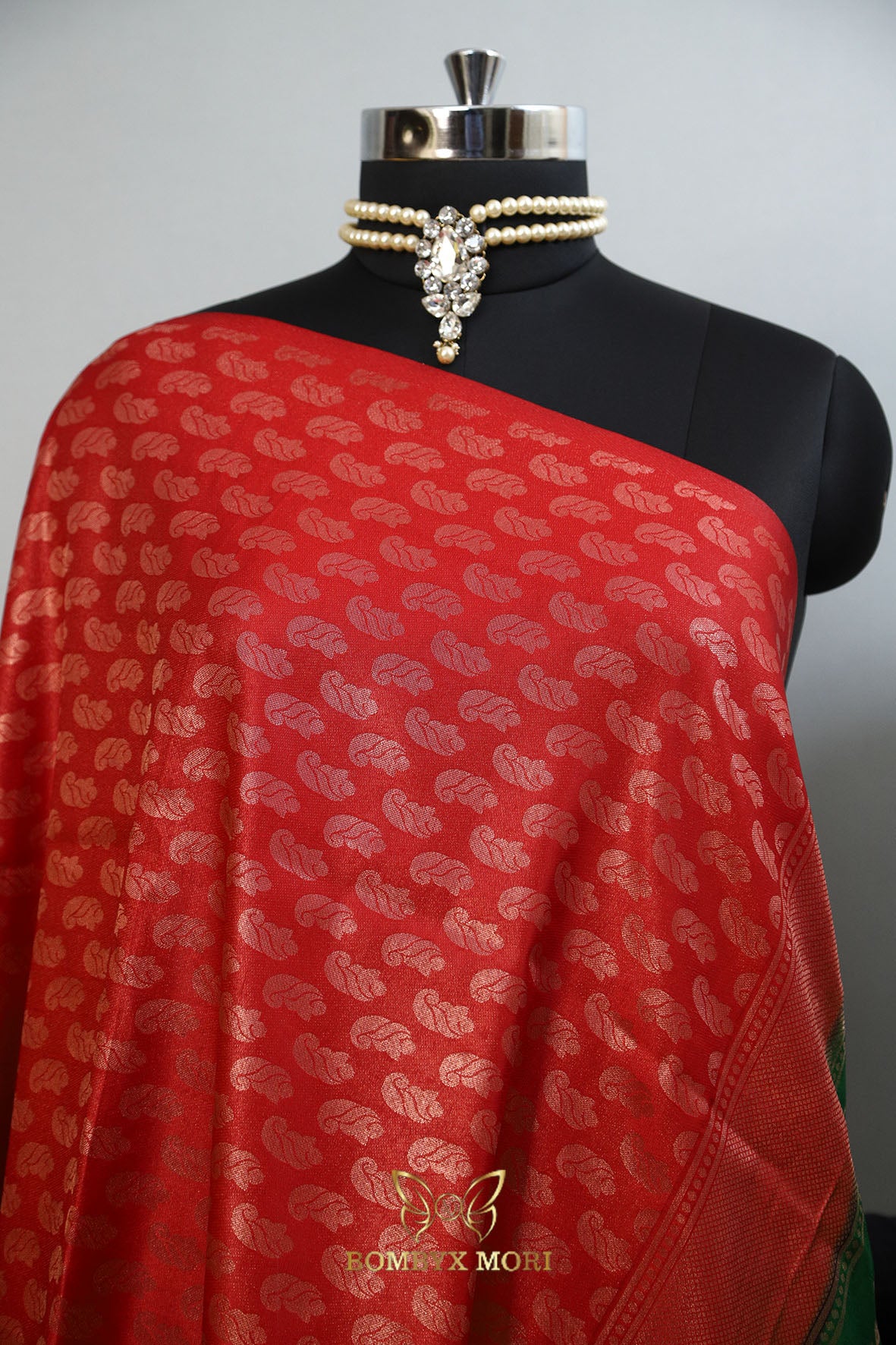 Green and red Kanjivaram brocade silk saree