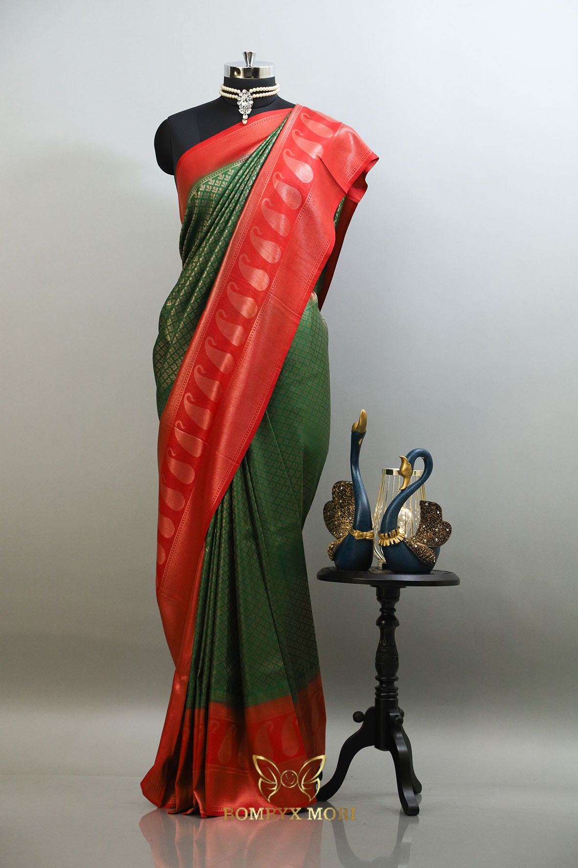 Green and red Kanjivaram brocade silk saree