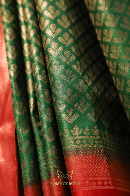 Green and red Kanjivaram brocade silk saree