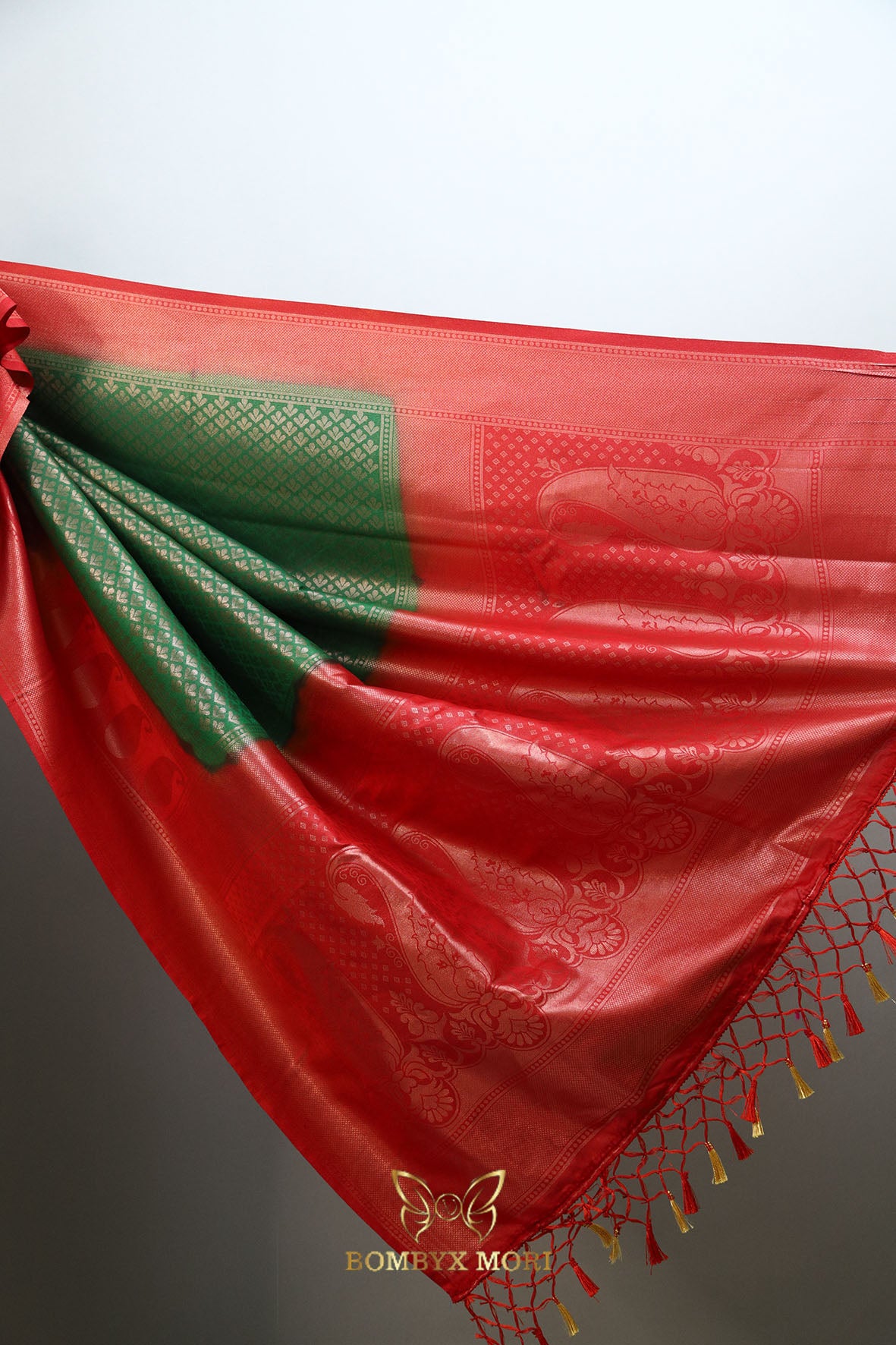 Green and red Kanjivaram brocade silk saree