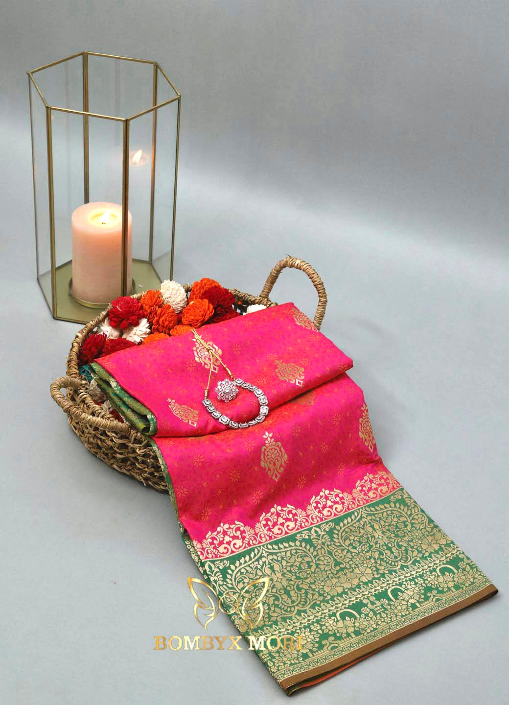 Magenta Pink and Green Tanchoi Silk Saree