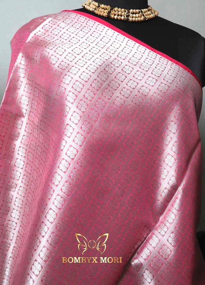 White and Daisy Pink Tanchoi Silk Saree