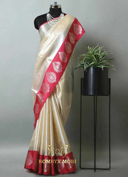 White and Daisy Pink Tanchoi Silk Saree