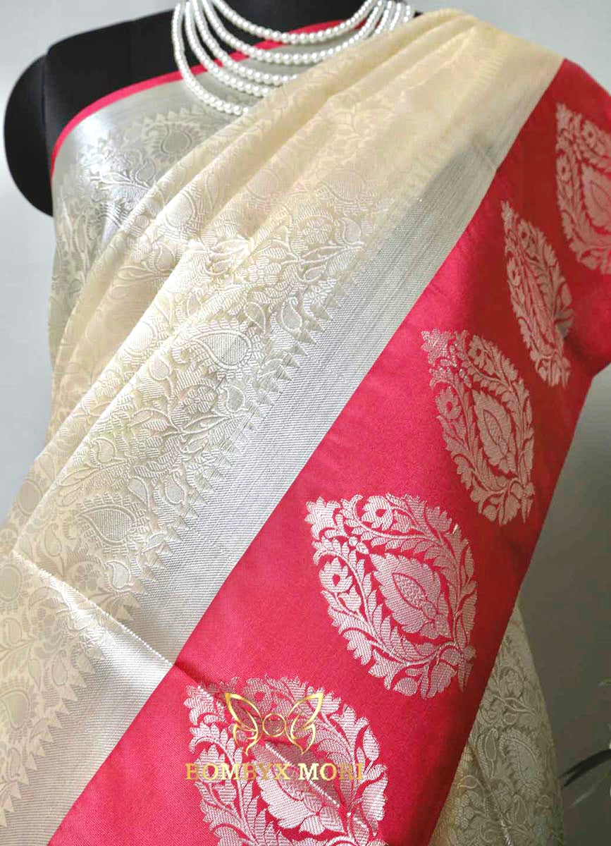 White and Daisy Pink Tanchoi Silk Saree