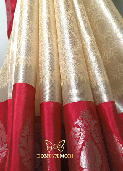 White and Daisy Pink Tanchoi Silk Saree