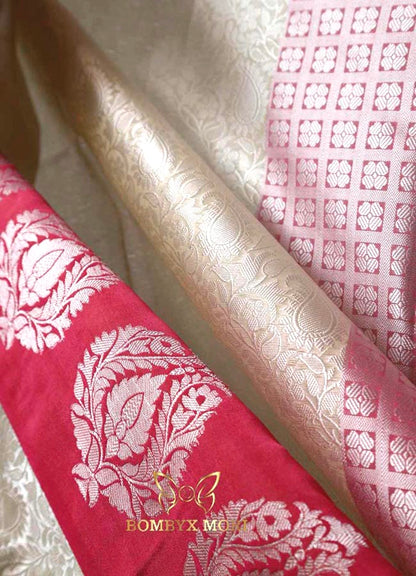 White and Daisy Pink Tanchoi Silk Saree