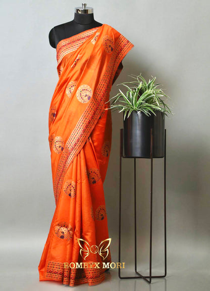 Orange color mithila Madhubani silk saree