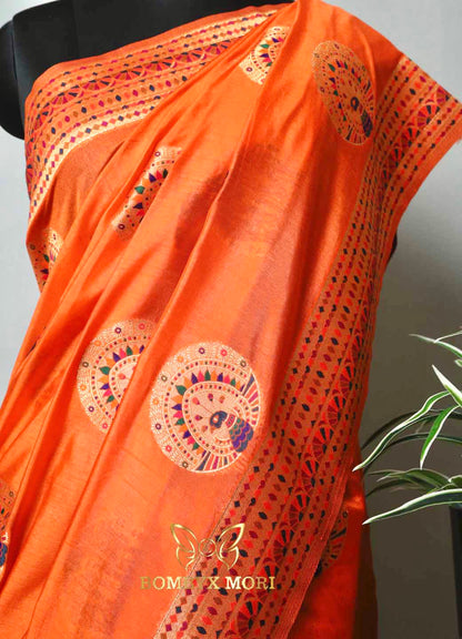 Orange color mithila Madhubani silk saree