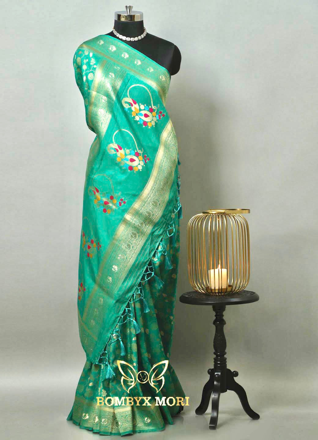 Green Passionate turquoise ethereal Dola silk Saree