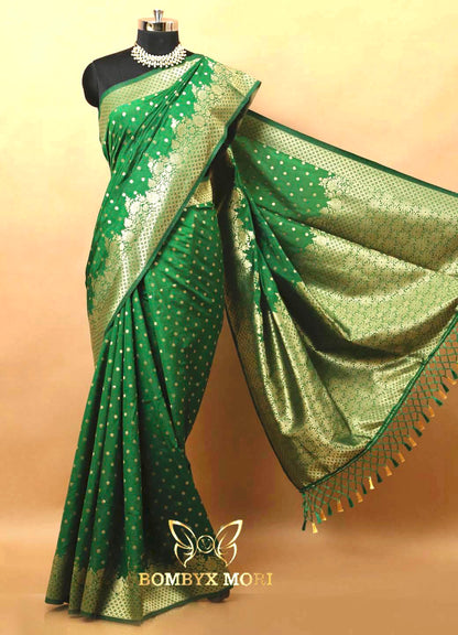 Modest Green and Golden Breeze Dola Silk Saree